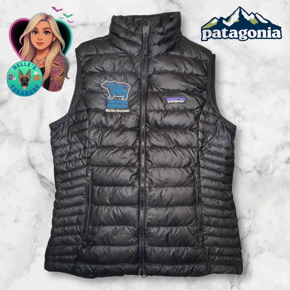 Patagonia Vest Womens Medium 900 Goose Down Fill Quilted Black *Dentistry Logo
